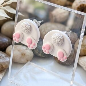 Bunny Butt Stud Earrings - Handmade - White & Pink
